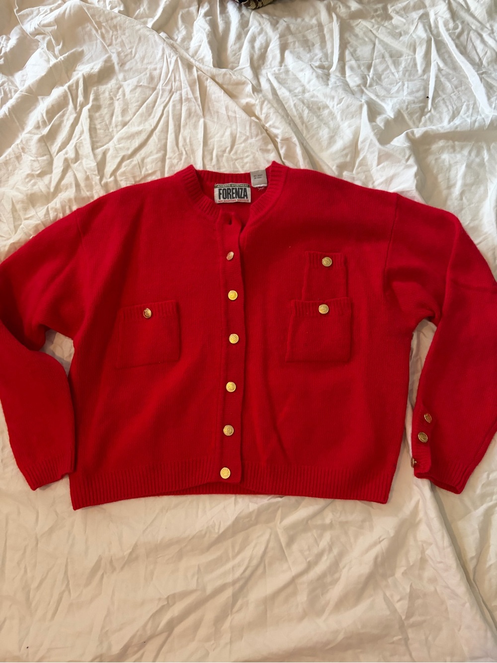 Vintage Forenza Bright Red Women's Button-Front Cardigan with Gold Buttons
